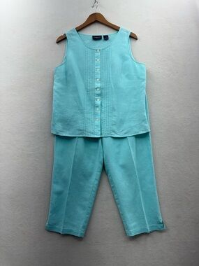 Liz Claiborne Women’s 12 Blue Linen Sleeveless 2 Pc Blouse Pants Set